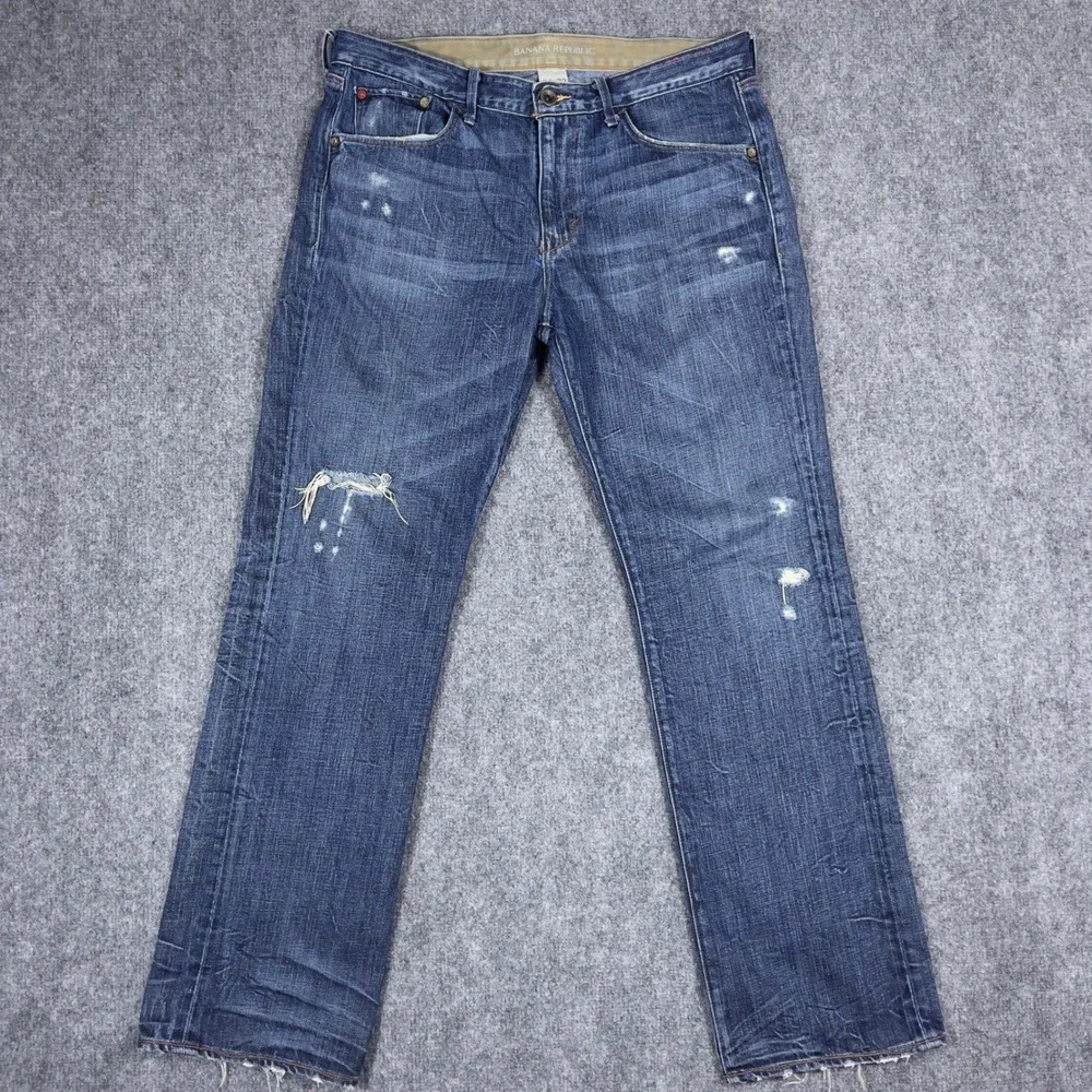Banana Republic Jeans Mens 34x32 Blue Distressed Straight Leg Denim